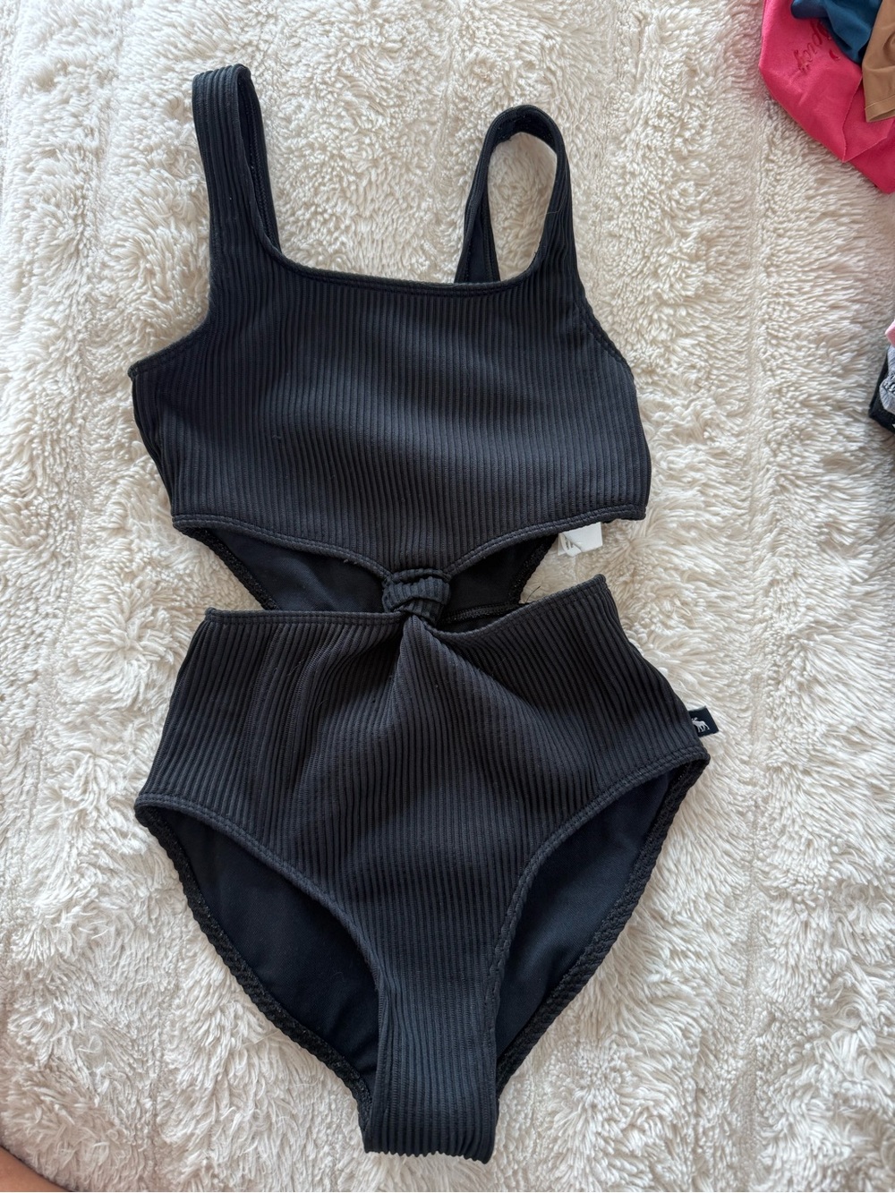 Girls' Black Ribbed Abercrombie Kids One-Piece Swimsuit with Cutout 7/8